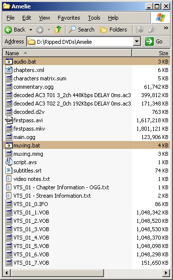 The example ripping folder now contains files named "chapters.xml", "firstpass.avi", firstpass.mkv", and "muxing.mmg".