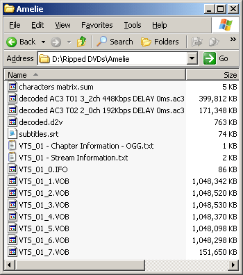 The example ripping folder now contains a "characters matrix.sum" file and a "subtitles.srt" file.