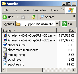 The example ripping folder contains files named "Amélie (XviD-2xOgg-SRT) CD1.mkv", "Amélie (XviD-2xOgg-SRT) CD2.mkv", "chapters.xml", "characters matrix.sum", "muxing.mmg", and "subtitles.srt".